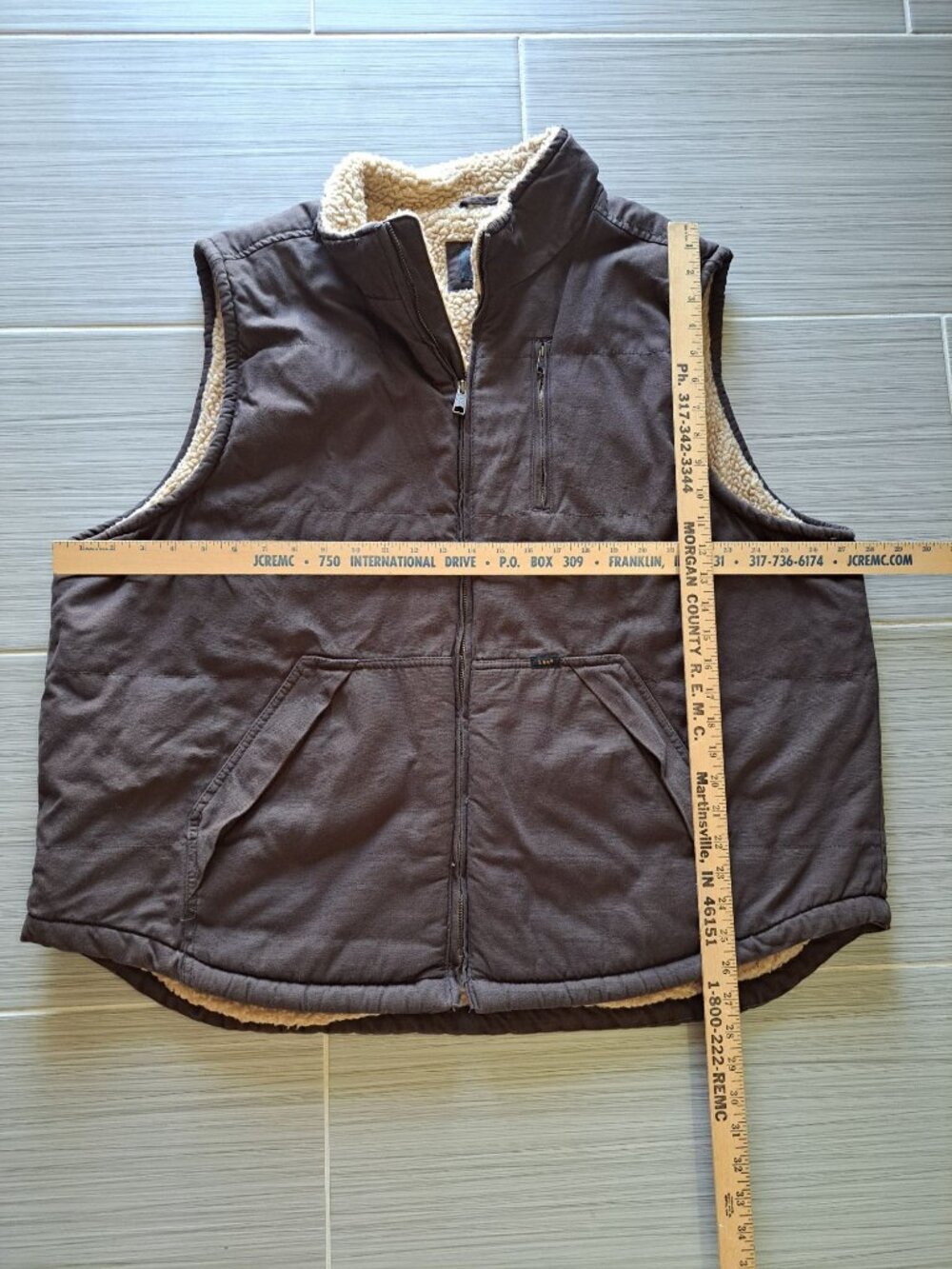 Lee Mens XXL Brown Canvas Sherpa Lined Fleece Vest Zipper Pockets Gorpcore - Picture 6 of 9